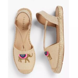 NWOT Talbots Ivy espadrille Flat Sandals sz 8 Beaded Embroidered Elephant Gold